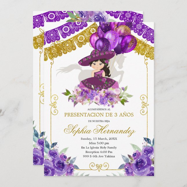 Mexican Purple and Gold Girl Charra Tres Anos  Invitation (Front/Back)