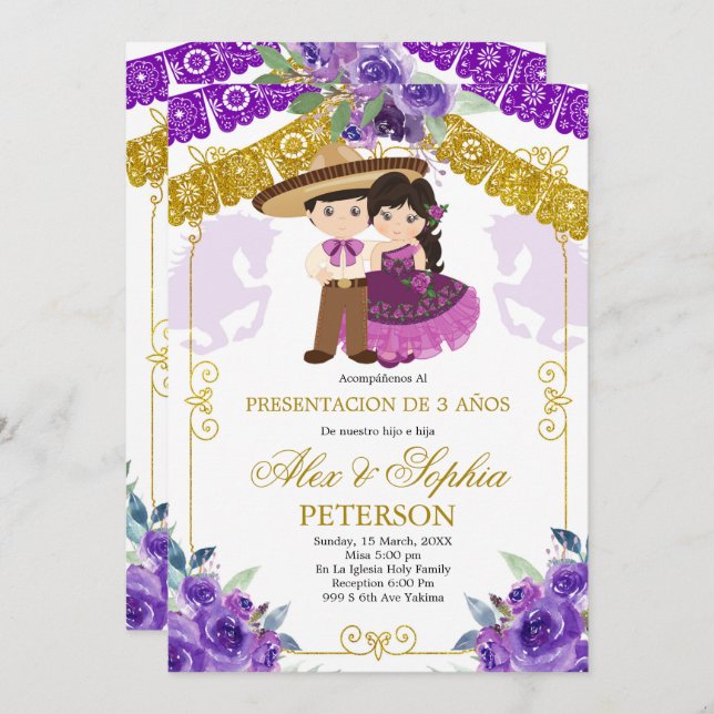 Mexican Purple and Gold Twin Tres Anos Invitation (Front/Back)