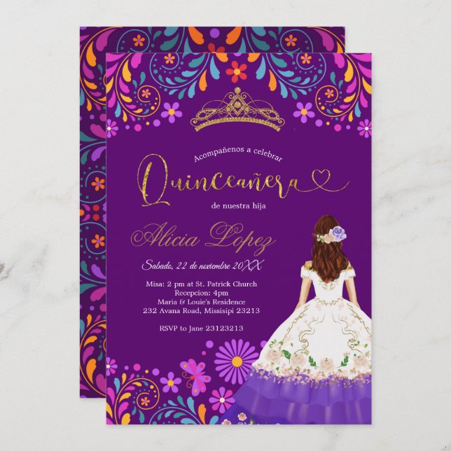Mexican Purple Mis Quince Invitation (Front/Back)