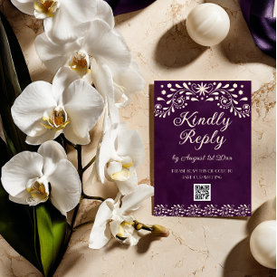 Mexican Purple Talavera Wedding QR code RSVP Card