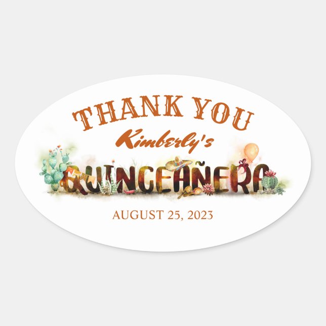 Mexican Quinceanera Birthday Thank You Oval Sticker (Front)