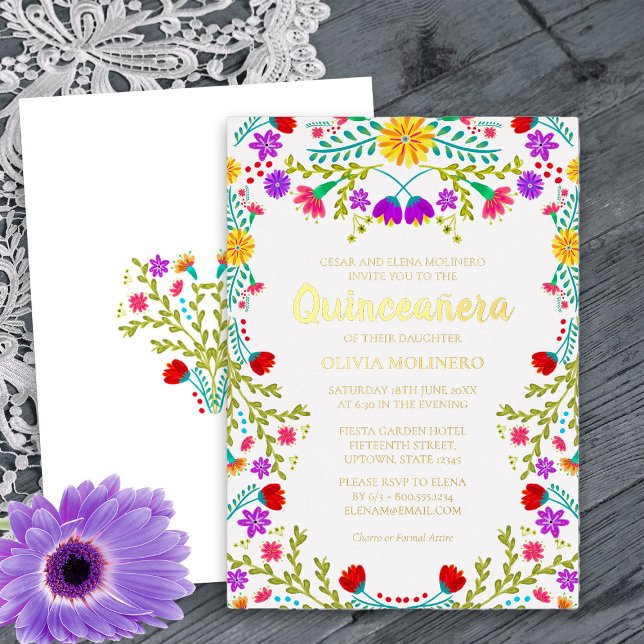 Mexican Quinceanera Fiesta Floral Real Gold (Gold Foil Quinceanera Invitation from my Mexican Fiesta Flowers Quinceanera Collection)