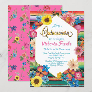 Mexican Quinceanera Party Gold Glitter Floral Invitation