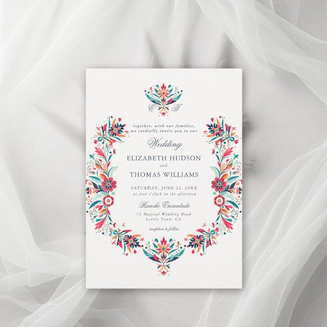 Mexican Rancho Floral Frame Elegant Crest Wedding Invitation (rancho wedding mexican invitation floral frame watercolor wildflower formal classic traditional)