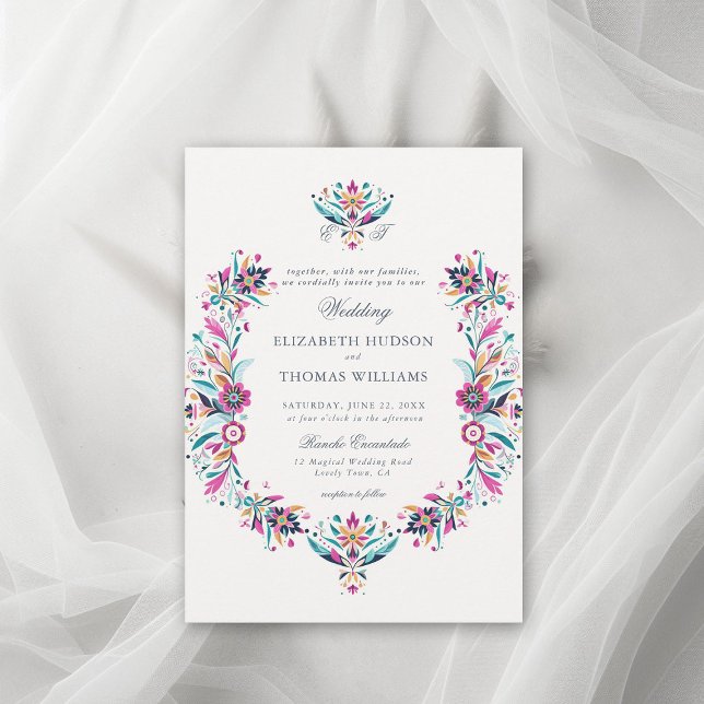 Mexican Rancho Floral Frame Formal Crest Wedding Invitation (rancho wedding mexican invitation floral frame watercolor wildflower formal classic traditional pink)