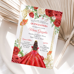 Mexican Red Roses Princess Quinceanera Butterfly  Invitation