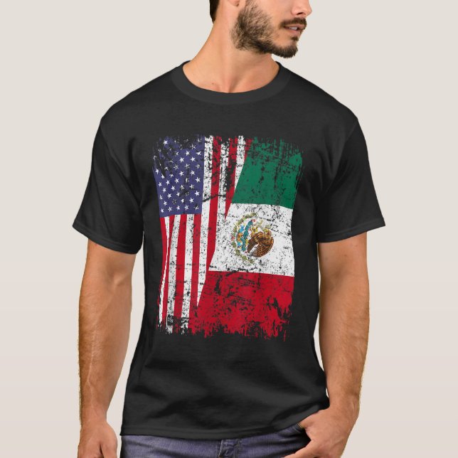 MEXICAN ROOTS Half American Flag MEXICO T-Shirt (Front)
