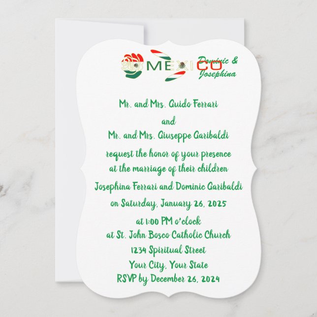 Mexican Rose Flag Personalised Wedding Invitation (Front)