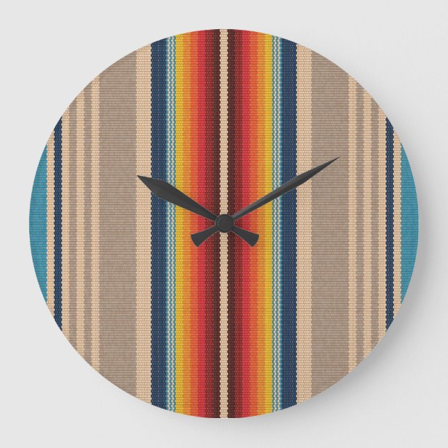 Mexican Rug: Colourful Stripes Seamless. Large Clock (Front)