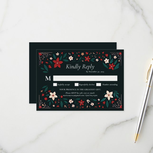 Mexican Rustic Elegant Christmas Red Wedding RSVP Card (Front/Back In Situ)