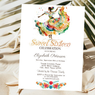 Mexican Senorita Fiesta Flowers Black Sweet 16 Invitation