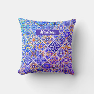 Mexican Sicilian Mediterranean purple blue tiles Cushion