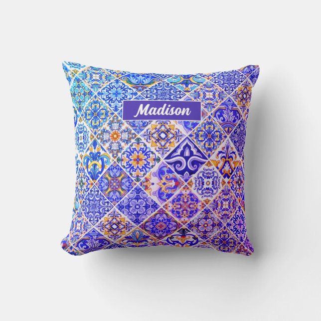 Mexican Sicilian Mediterranean purple blue tiles Cushion (Front)