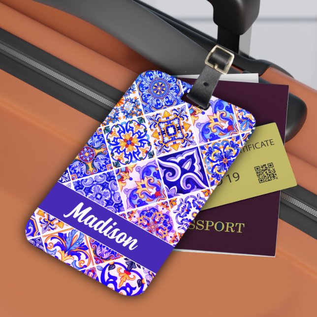 Mexican Sicilian Mediterranean purple blue tiles Luggage Tag (Creator Uploaded)