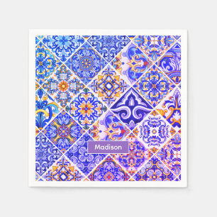 Mexican Sicilian Mediterranean purple blue tiles Napkin
