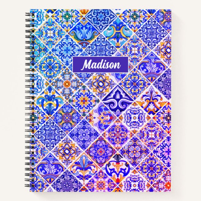 Mexican Sicilian Mediterranean purple blue tiles Notebook (Front)