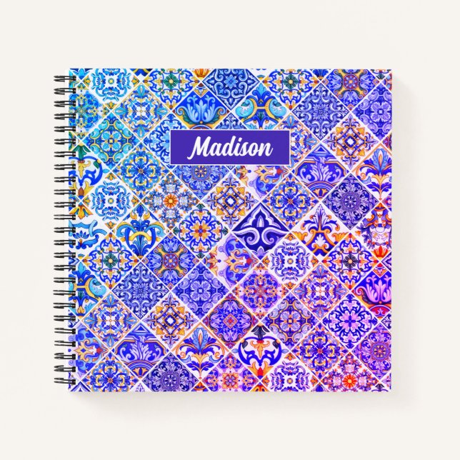 Mexican Sicilian Mediterranean purple blue tiles Notebook (Front)