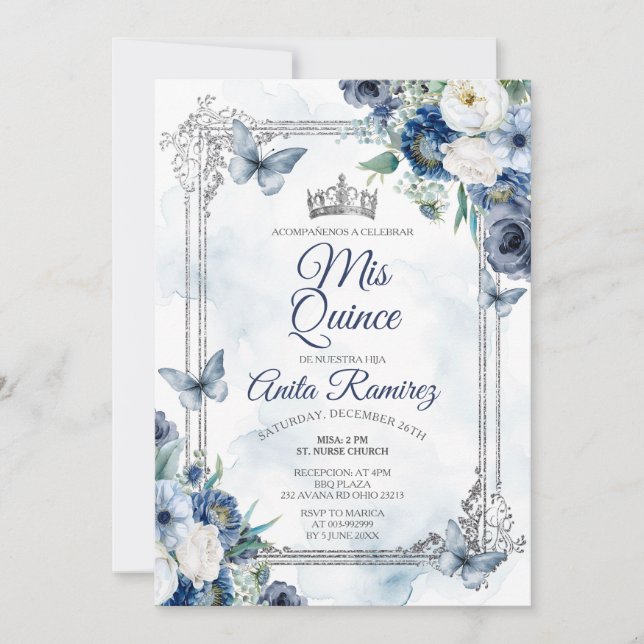 Mexican Silver Crown & Navy Blue Roses MIS QUINCE Invitation (Front)
