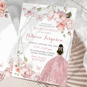 Mexican Silver Pink Floral Princess Quinceañera Invitation