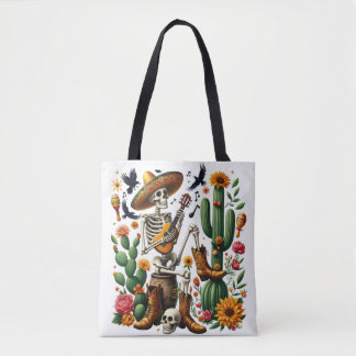Mexican skeleton playing guitar among cacti tote bag