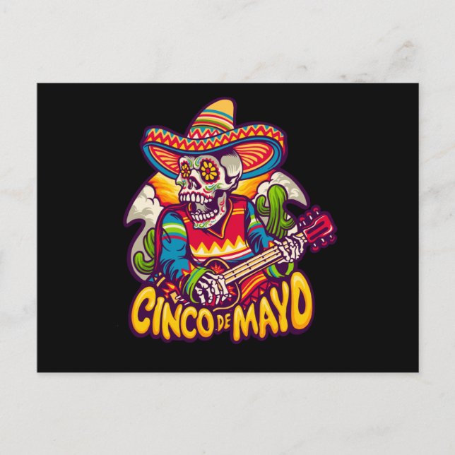 Mexican Skeleton Playing Guitar, Cinco De Mayo Postcard (Front)