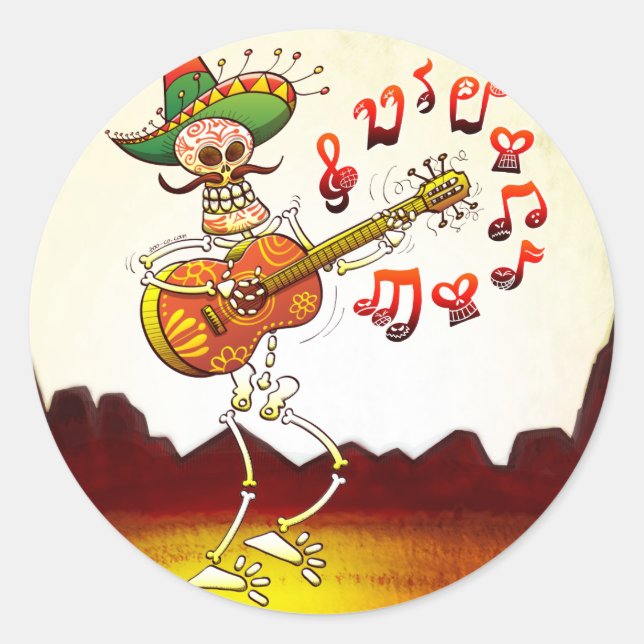 Mexican Skeleton Playing Guitar Classic Round Sticker (Front)