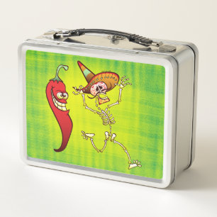 Mexican skeletons in trouble with hot chili pepper metal lunch box