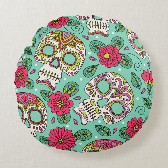 Mexican skull and flowers, seamless. round cushion (Front)