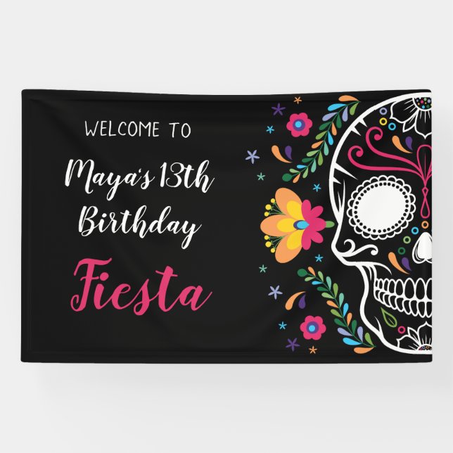 Mexican Skull Floral Fiesta Birthday Banner (Horizontal)