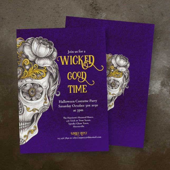 Mexican Skull Purple Halloween Party Invitation (Creator Uploaded)
