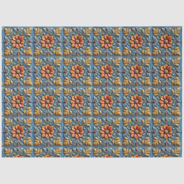 Mexican Spanish Floral Orange Blue Tile Pattern Tissue Paper (Front)