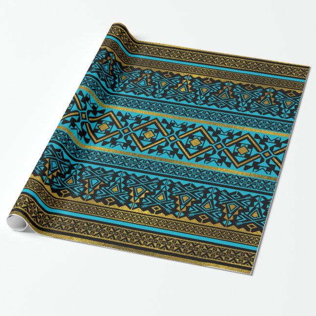 Mexican Style pattern - black, teal and gold Wrapping Paper (Unrolled)
