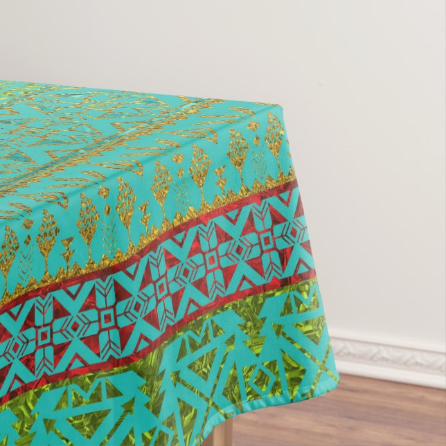 Mexican Style pattern - teal, gold and red glitter Tablecloth (In Situ)