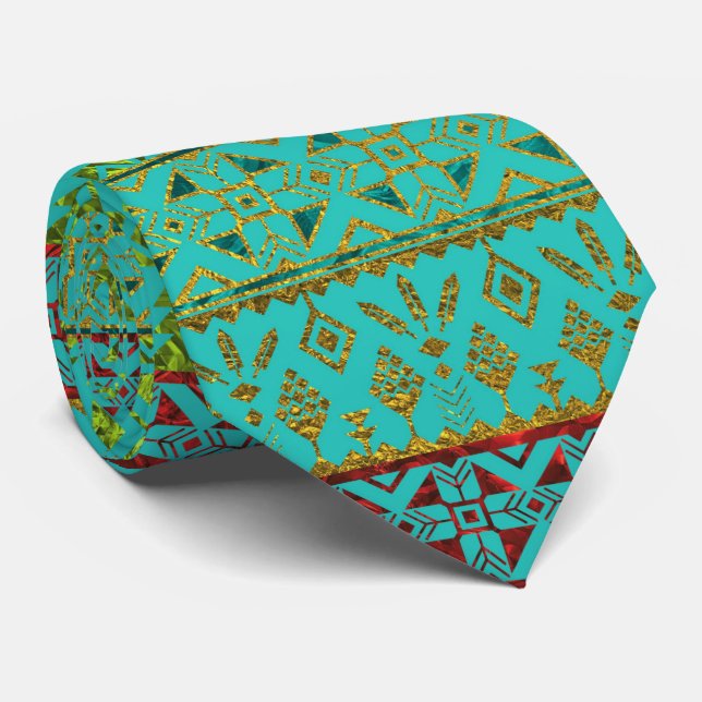 Mexican Style pattern - teal, gold and red glitter Tie (Rolled)