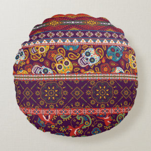 Mexican style traditional fabric patchwork abstrac round cushion
