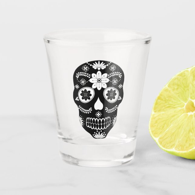 Mexican Sugar Skull 2 Black And White Shot Glass (Front)