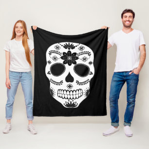 Mexican Sugar Skull Black And White  Fleece Blanket