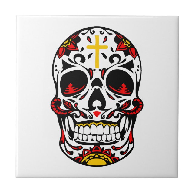 Mexican Sugar Skull Christian Cross On Forehead Ceramic Tile (Front)