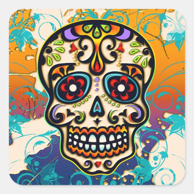Mexican Sugar Skull, Day of the Dead Square Sticker (Front)