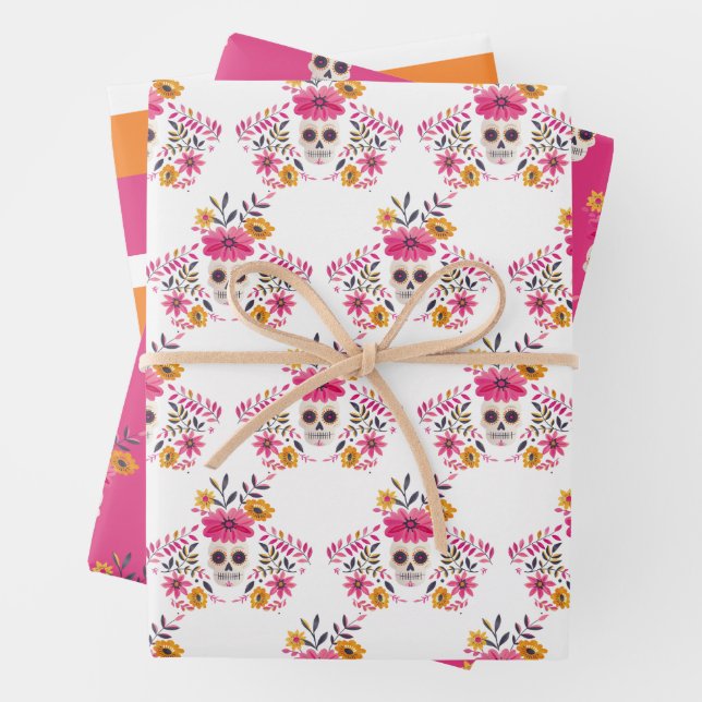 Mexican Sugar Skull Pink Floral Cinco De Mayo Wrapping Paper Sheet (In situ)