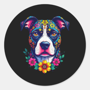Mexican Sugar Skull Pitbull Dog Dia De Muertos Classic Round Sticker