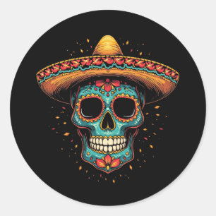 Mexican Sugar Skull Sombrero – Día de los Muertos Classic Round Sticker