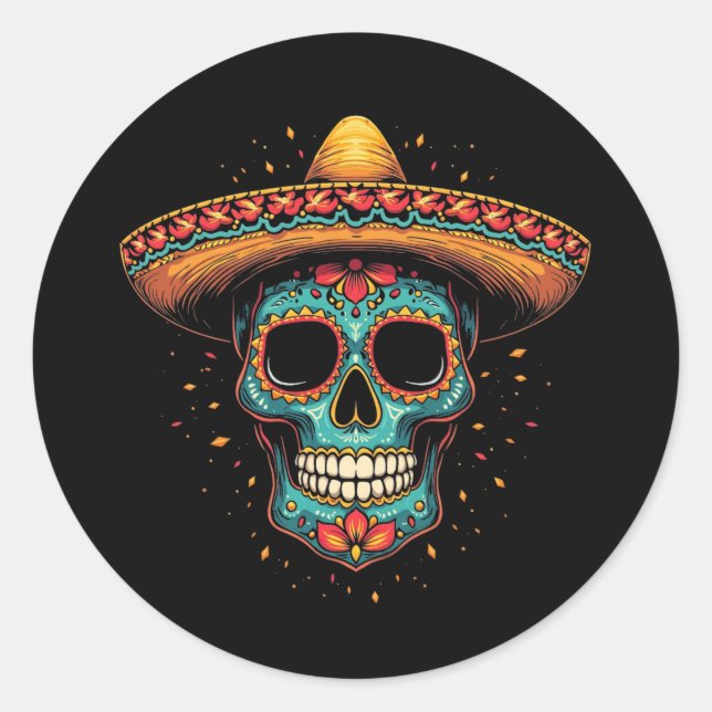 Mexican Sugar Skull Sombrero – Día de los Muertos Classic Round Sticker (Front)
