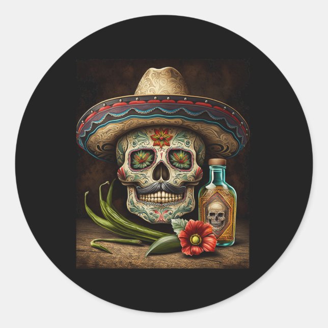 Mexican Sugar Skull Tequila Sombrero Cinco De Mayo Classic Round Sticker (Front)