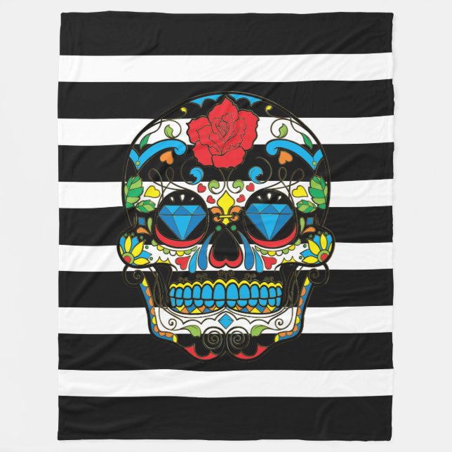 Mexican Sugar Skull With Black Stripes Fleece Blanket (Front)