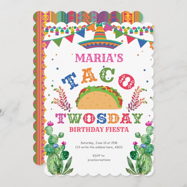 Mexican, Taco party fiesta, Taco Twosday, Girl 2nd Invitation (Front/Back)