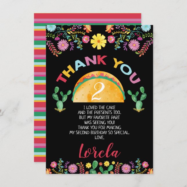 Mexican Taco Twosday 2nd Birthday Thank You Card (Front/Back)