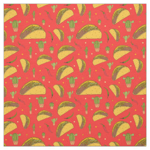 Mexican Tacos Cactus and Chillies Red Food Pattern Fabric