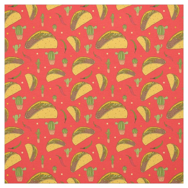 Mexican Tacos Cactus and Chillies Red Food Pattern Fabric (Swatch)