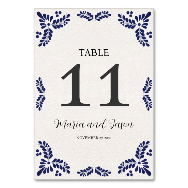 Mexican Talavera Black Floral Minimalist Wedding Table Number (Front)